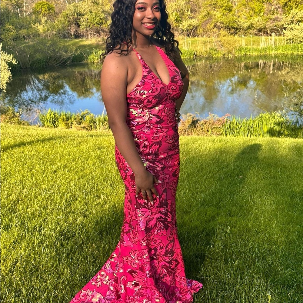 Jovani  08462 pink v neck back tie sheath prom dress